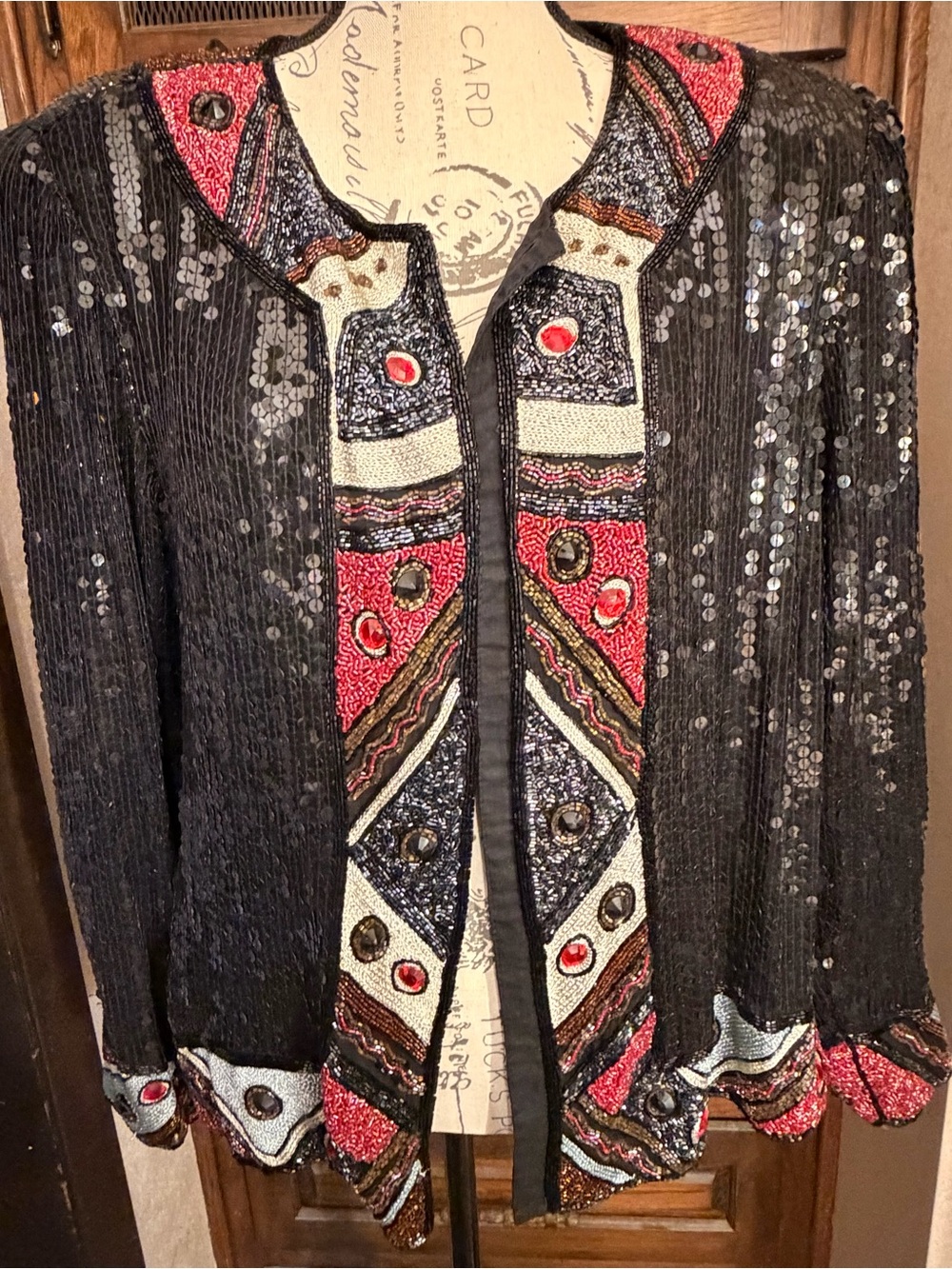 Beaded Sequin Embellished Black Jacket with Red & Metallic Trim